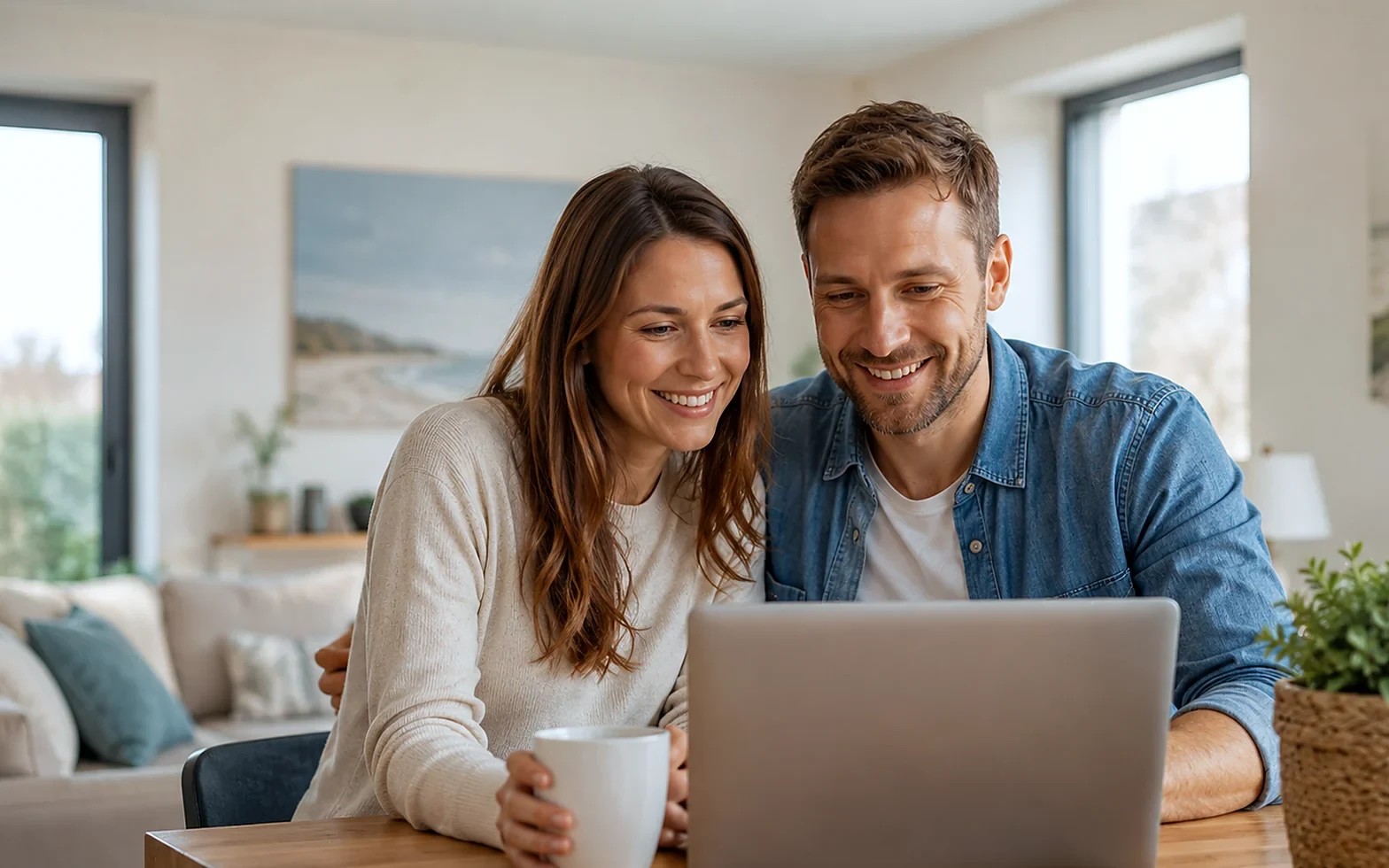 Paar sieht sich Immobilieninformationen am Laptop an
